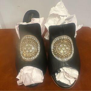 Rhinestone Black Leather Open Toe High Heels Beautiisoles